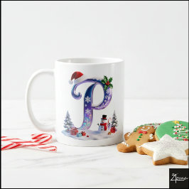 Taza De Café Iridescent Christmas Letter P with Snowman