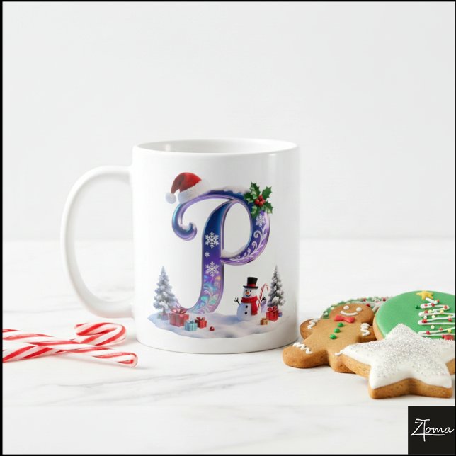 Taza De Café Iridescent Christmas Letter P with Snowman (Subido por el creador)