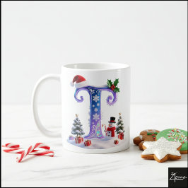 Taza De Café Iridescent Christmas Letter T with Snowman