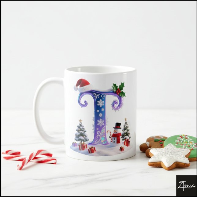 Taza De Café Iridescent Christmas Letter T with Snowman (Subido por el creador)