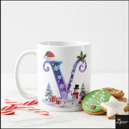 Taza De Café Iridescent Christmas Letter V with Snowman