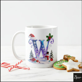 Taza De Café Iridescent Christmas Letter W with Snowman
