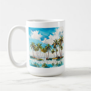 Taza De Café Isla bañada por el sol Acolorada Palma Acuarela Pl