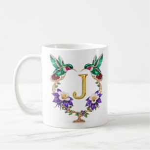 Taza de café J con monograma de colibrí con joyas 