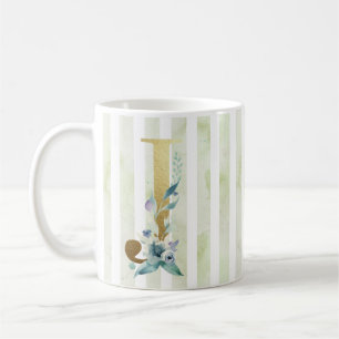 Taza De Café J, inicial dorada, sobre rayas azules y blancas