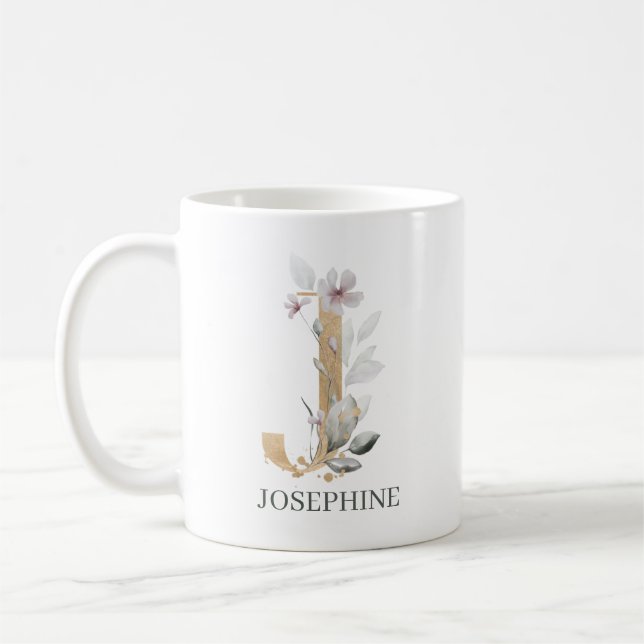 Taza De Café J Monograma Floral Personalizado (Izquierda)