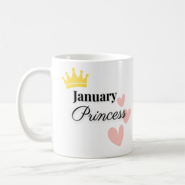 Taza De Café January Princess Mug – Gold Crown & Hearts Design (Izquierda)