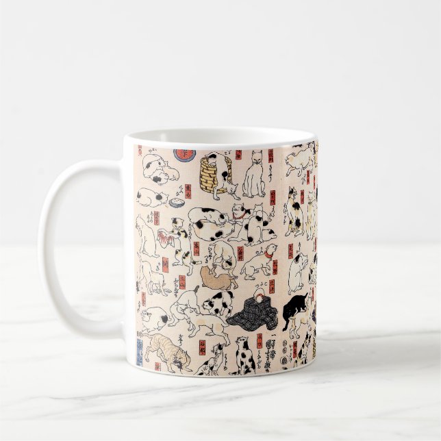 Taza De Café Japanese Ukiyo-e Cats — Custom Text (Izquierda)