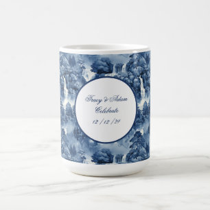 Taza De Café Jardín de agua japonés en porcelana azul blanca
