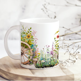 Taza De Café Jardín de flores coloridas rueda de carro país