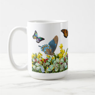 Taza De Café Jardín de flores de mariposa con tulipanes y marga