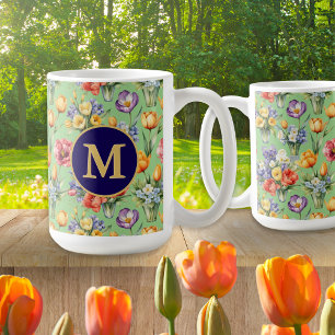 Taza De Café Jardín de Flores de Primavera Verde Salvia Monogra