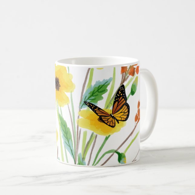 Taza De Café Jardín de flores silvestres en acuarela con maripo (Anverso derecho)
