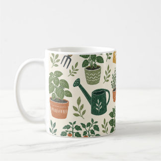 Taza De Café Jardín de hierbas vintage en macetas con regaderas
