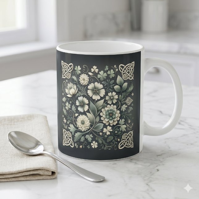 Taza De Café Jardín de Nudos de Trébol Susurrante (Whispered Clover Knotwork Garden Coffee Mug)