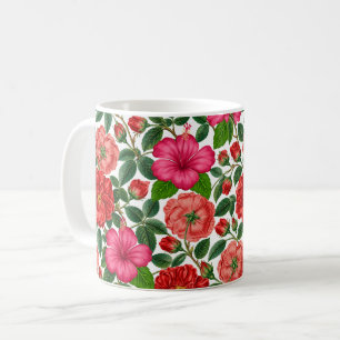 Taza De Café Jardín de Rosas Antiguas y Hibiscos
