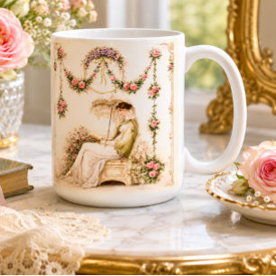 Taza De Café Jardín de Rosas Regencia Leyendo Dama
