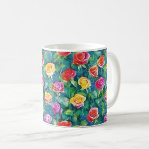 Taza De Café Jardín de rosas romántico en impresión de acuarela