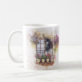 Taza De Café Jardín de Ventana Acuarela Flores Coloridas