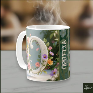 Taza De Café Jardín Floral Blanco Letra Monograma O
