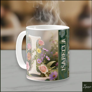 Taza De Café Jardín floral blanco Monograma Letra I