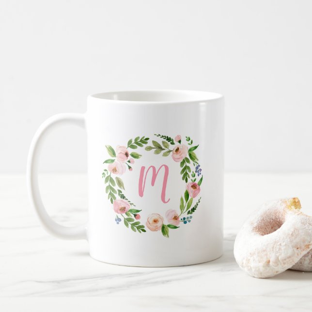 Taza De Café Jardín floral Monograma Café Mug Regalo (Con donut)