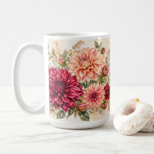 Taza De Café Jardín romántico de dalias en acuarela