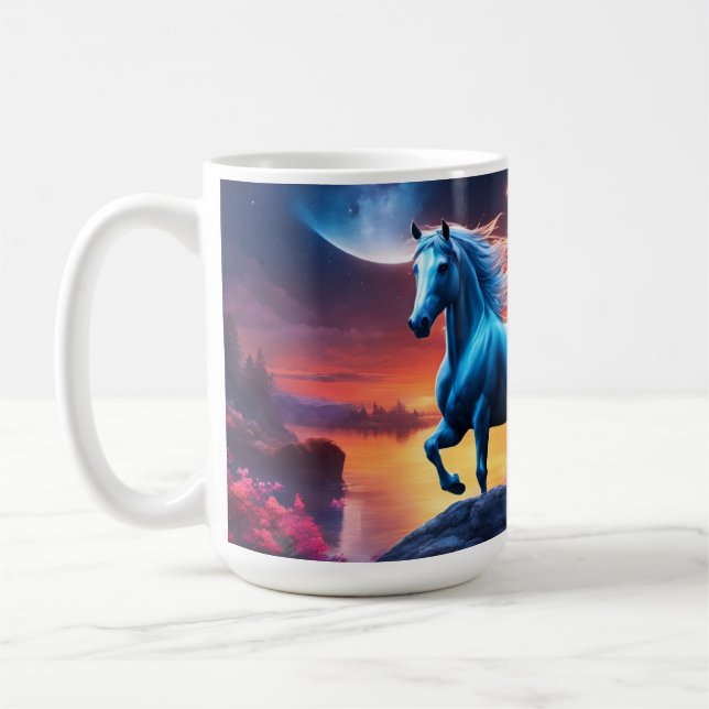Taza De Café Jardín rosa de la fantasía del Stallion blanco (Izquierda)