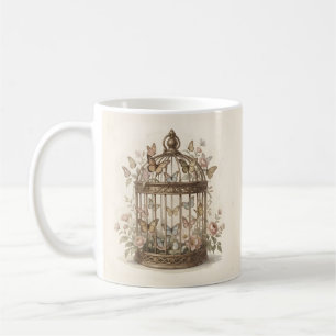Taza De Café Jaula antigua con flores y mariposas