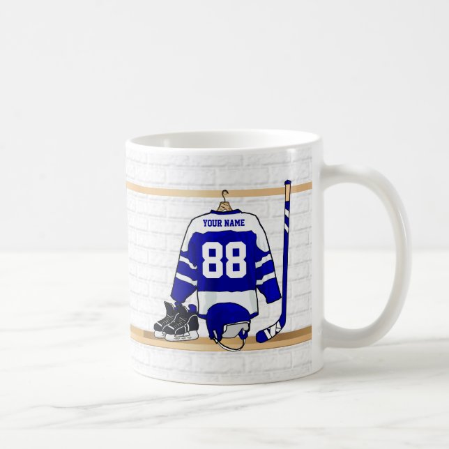 Taza De Café Jersey azul y blanco personalizado del hockey (Derecha)