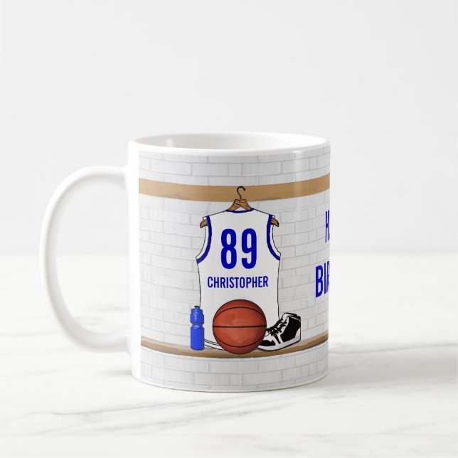 Taza De Café Jersey de baloncesto blanco y azul personalizado (Izquierda)