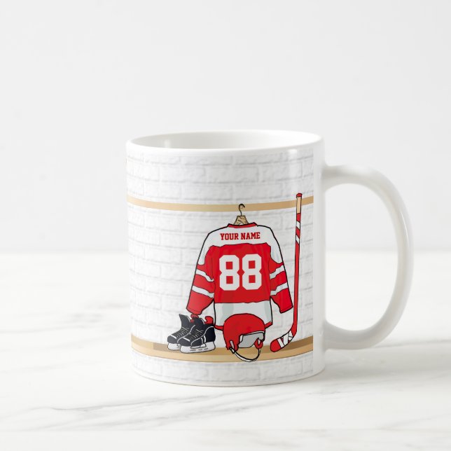 Taza De Café Jersey rojo y blanco personalizado del hockey (Derecha)