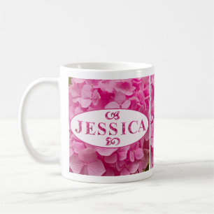 Taza De Café "Jessica" Elegante Hidrangea Rosa Floral Letras fl
