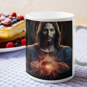 Taza De Café Jesucristo con el corazón brillante versión 3