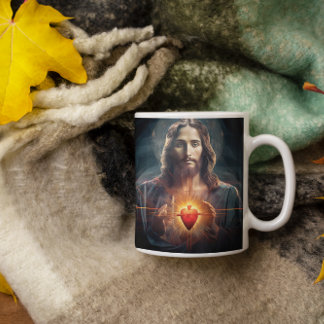 Taza De Café Jesucristo con el corazón brillante versión 6