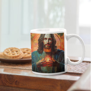 Taza De Café Jesucristo con el corazón brillante versión 8
