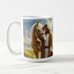 Taza De Café Jesús caminando con un caballo bajo un arcoíris