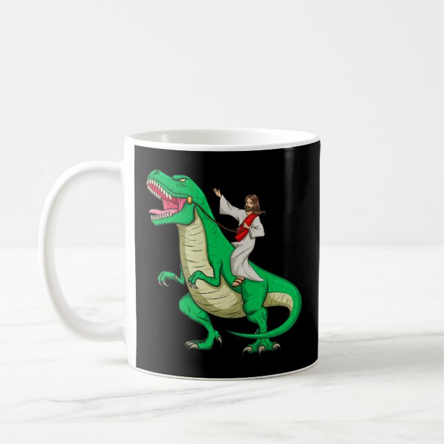 Taza De Café Jesús montando Dinosaurio Funny Parodia Tyrannosau (Izquierda)