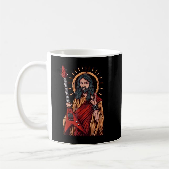 Taza De Café Jesús tocando una fuerte guitarra Metalizado (Izquierda)