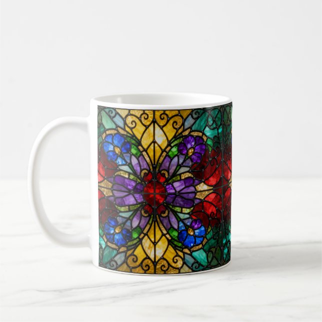 Taza De Café Jewel Tone Floral Stained Glass Art Mug (Izquierda)