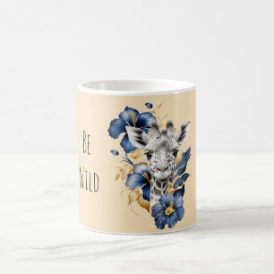 Taza De Café Jirafa Flores de Hibisco Azules Dorados