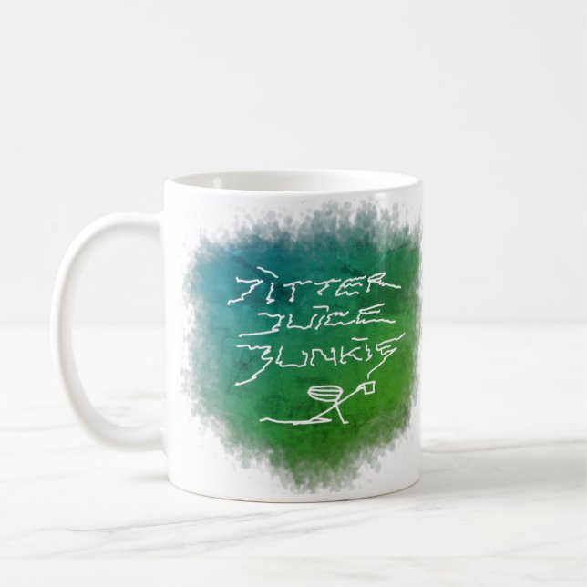 Taza De Café Jitter Juice Junkie - arte de café en blanco. (Izquierda)