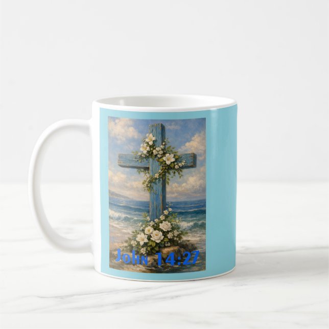 Taza De Café John 14:27 Beach Cross Throw Pillow (Izquierda)