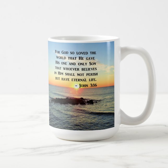 TAZA DE CAFÉ JOHN 3:16 SUNRISE EN LA FOTO DEL OCÉANO (Derecha)