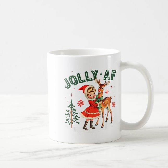 Taza De Café Jolly Af Christmas Retro 50s Cute Girl And Deer Vi (Derecha)