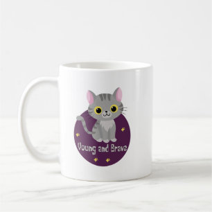 Taza De Café Joven y valiente Kawaii lindo gato gris sonriendo