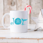 Taza De Café Joy Typography Coastal Christmas<br><div class="desc">Coastal Christmas mug features tropical turquoise "Joy" typography with a sand dollar seashell and whale tail. Great for beach and nautical theme decor and gifts. Art by KL Stock.</div>