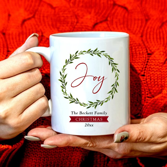 Taza De Café Joy Typography Script Christmas Wreath Holiday (Subido por el creador)