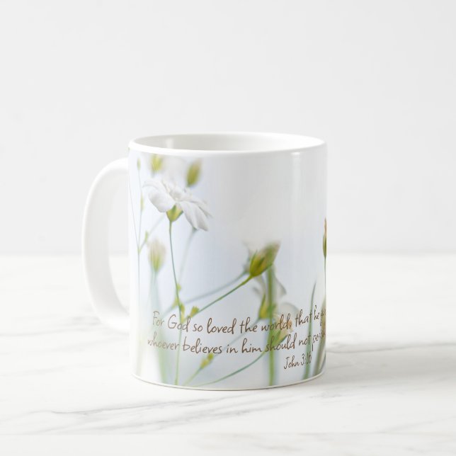 Taza De Café Juan 3:16 Biblia versus belleza floral blanca (Anverso izquierdo)