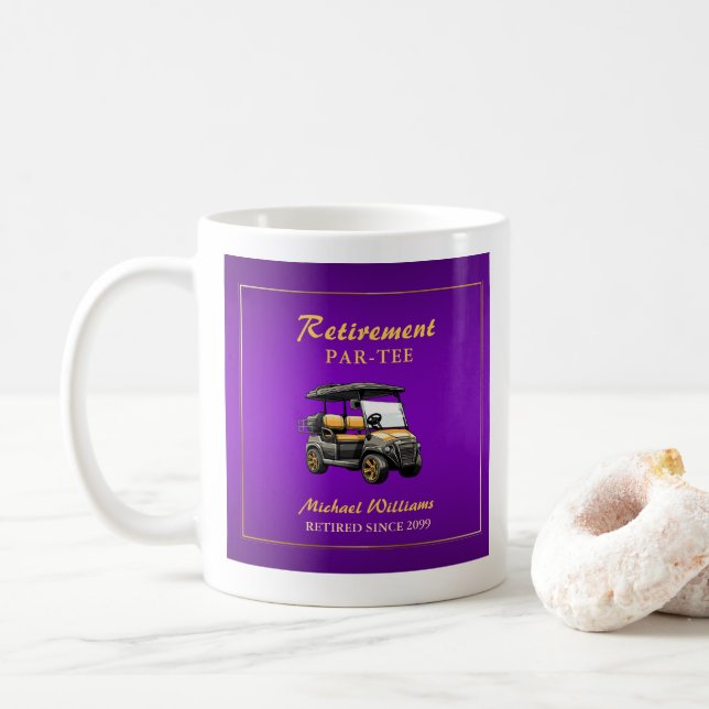 Taza De Café Jubilación Elegante Tema Golf Cart Purple Gold (Con donut)